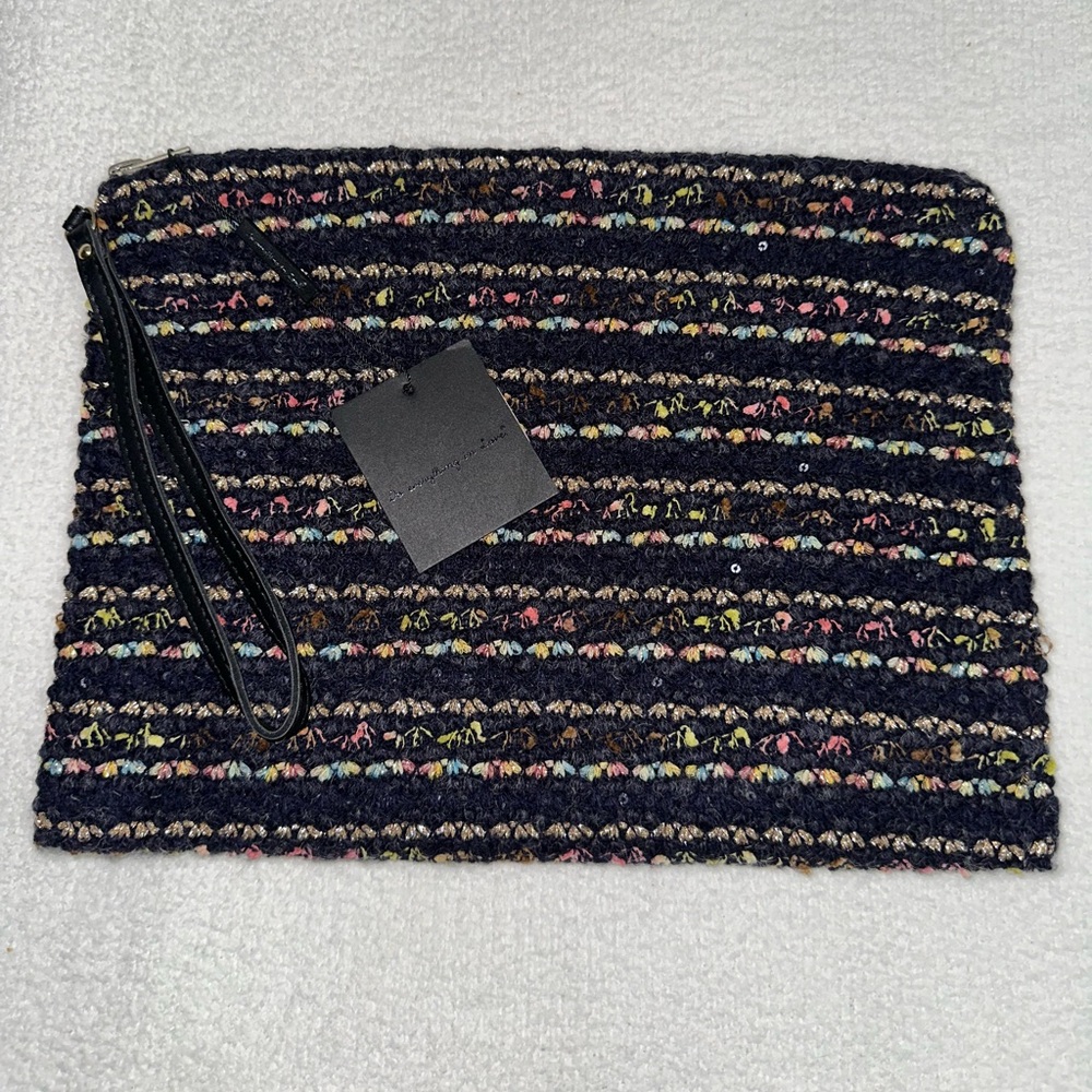 Do Everything with Love navy clutch with colorful thread
